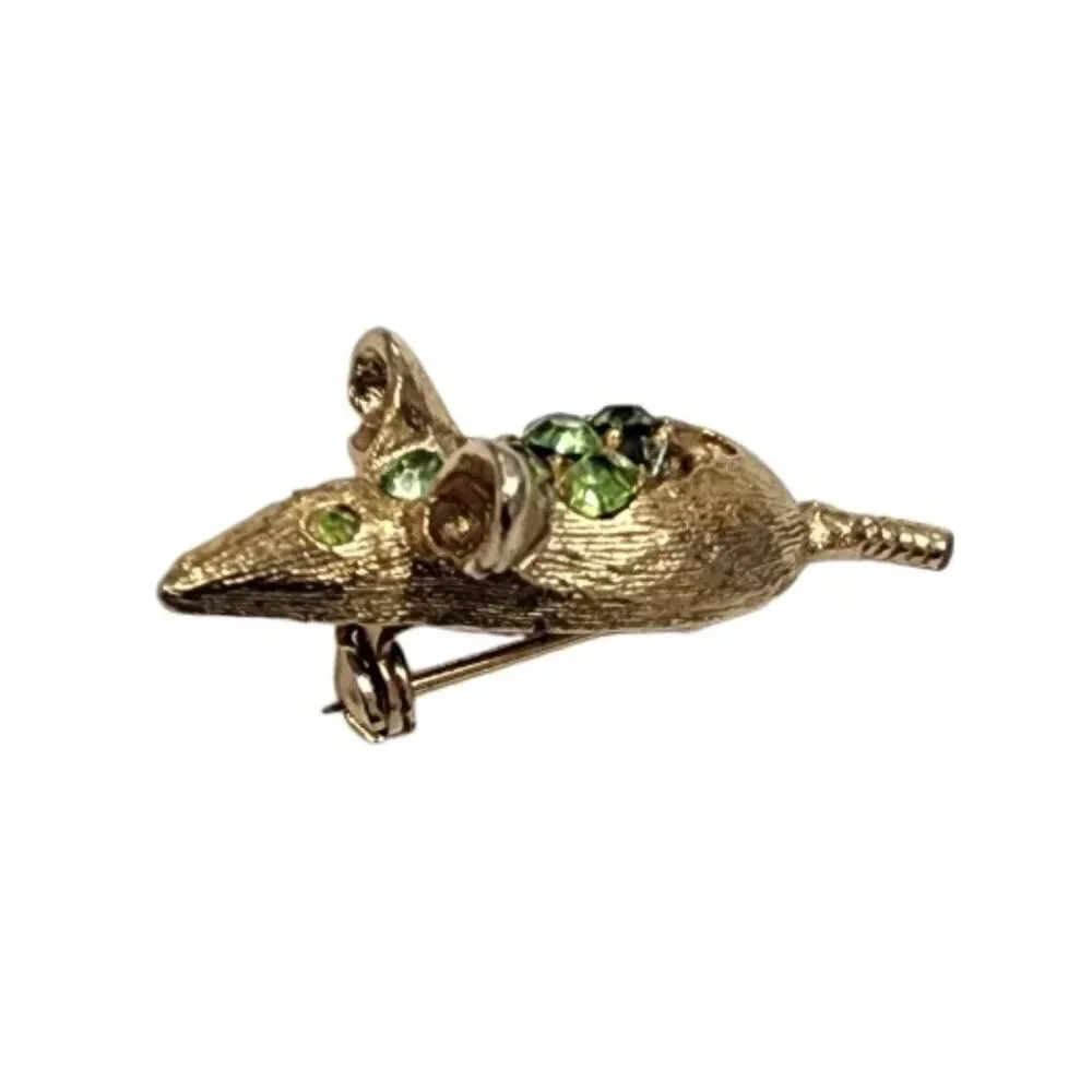 Vintage 60s-70s Green Rhinestone Tiny Mouse Brooch Pin Gold Tone